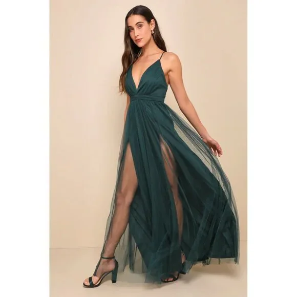 Lulus Rare Beauty Green Tulle Backless Full Length Size Large Adjustable Straps - Picture 3 of 10